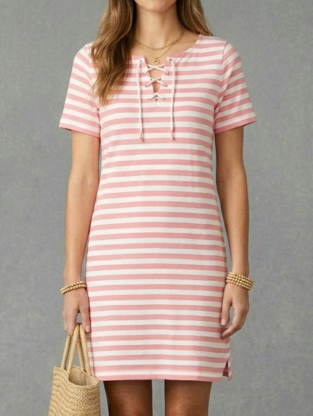 T by Talbots Womens Dress Medium Petite Pink White Striped Lace Up Casual Shift